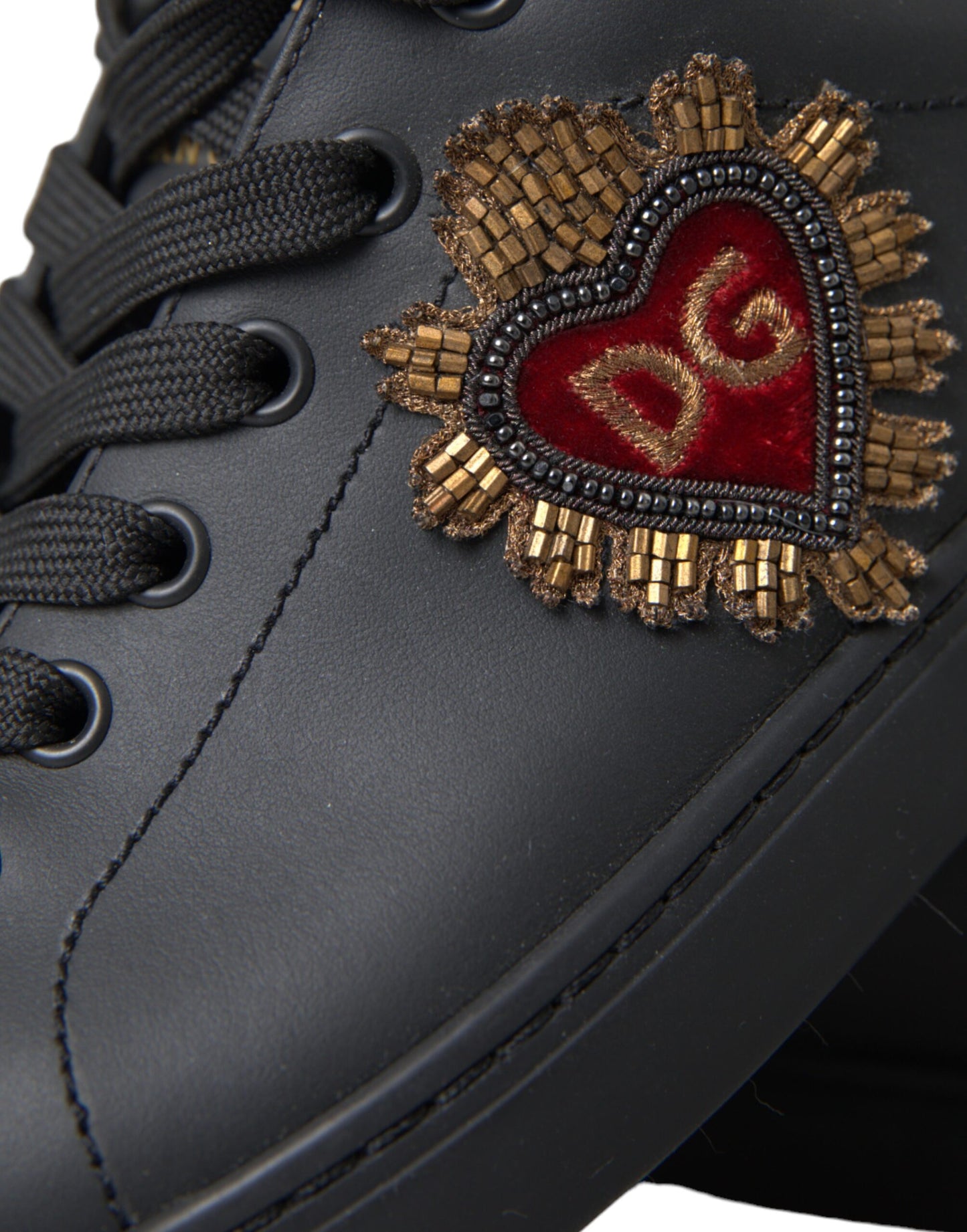 Dolce &amp; Gabbana Black Leather Heart Embellished Sneakers Shoes