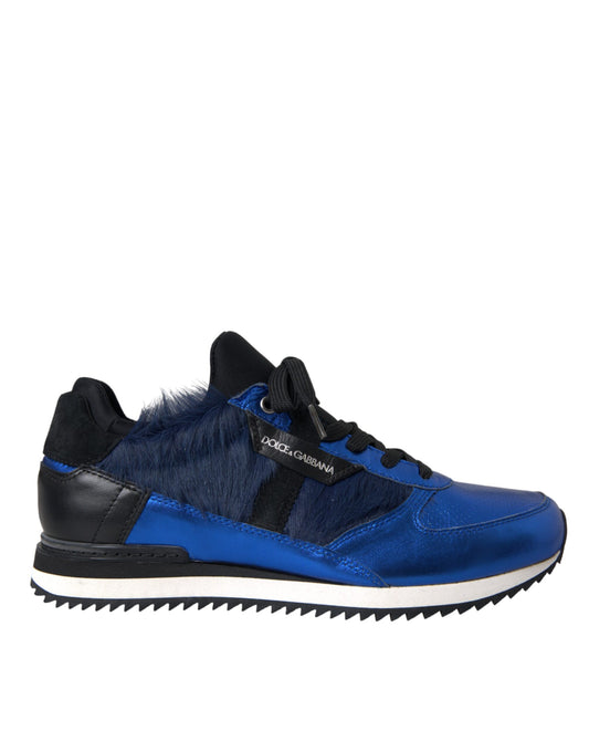 Dolce &amp; Gabbana Blue Black Calf Hair Leather Sneakers Shoes