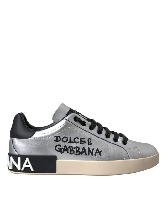 Dolce &amp; Gabbana Silver Portofino Calfskin Sneakers Men Shoes