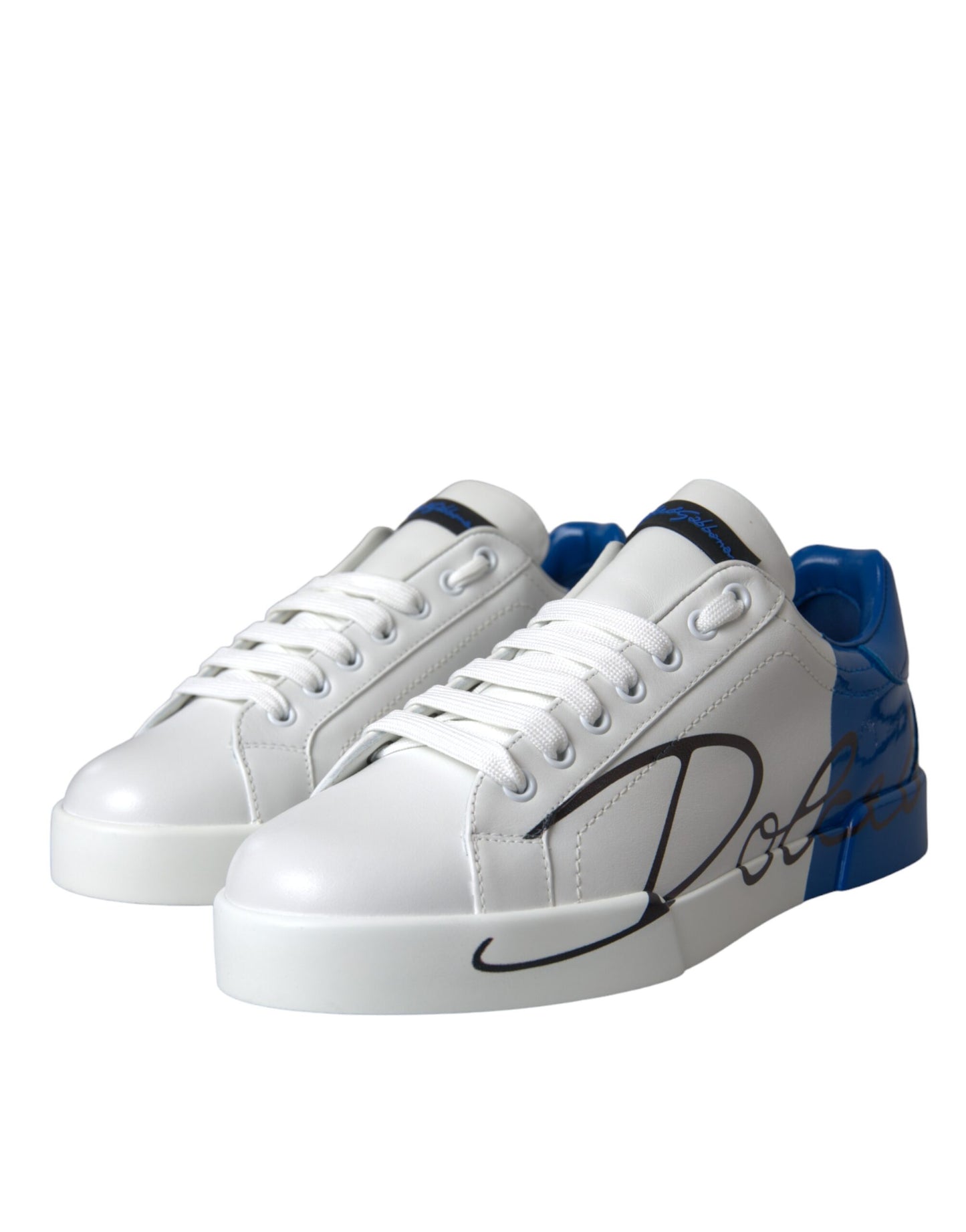 Dolce &amp; Gabbana White Blue Leather Logo Low Top Sneakers Shoes