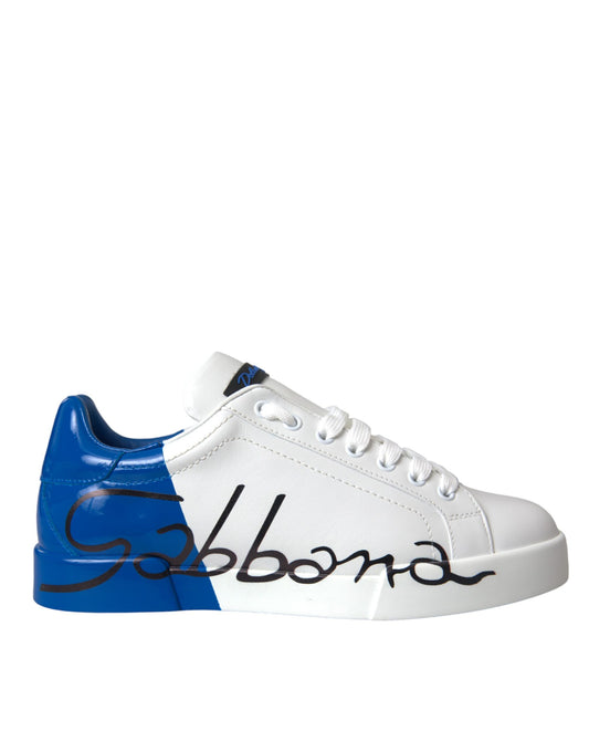 Dolce &amp; Gabbana White Blue Leather Logo Low Top Sneakers Shoes