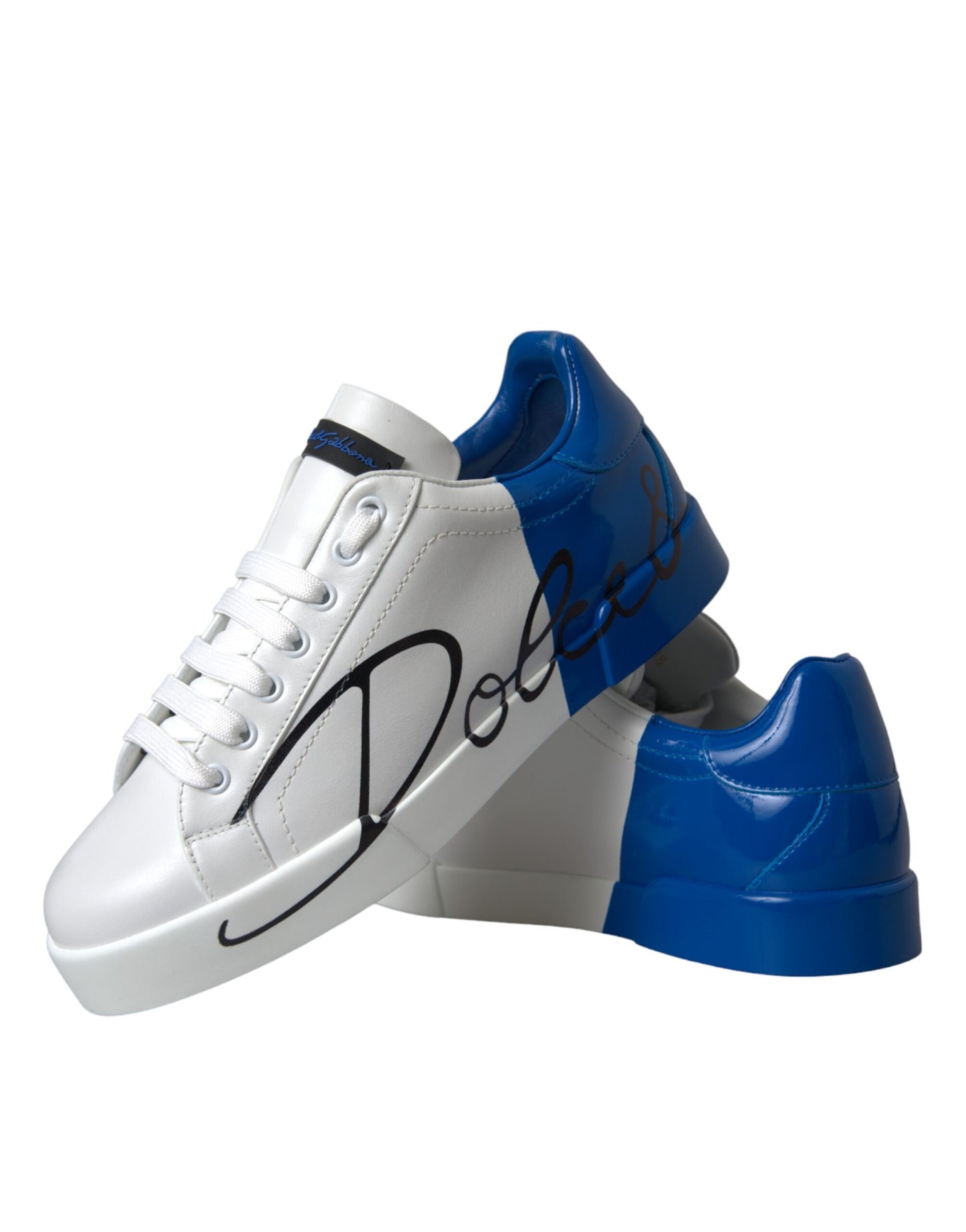 Dolce &amp; Gabbana White Blue Leather Logo Low Top Sneakers Shoes