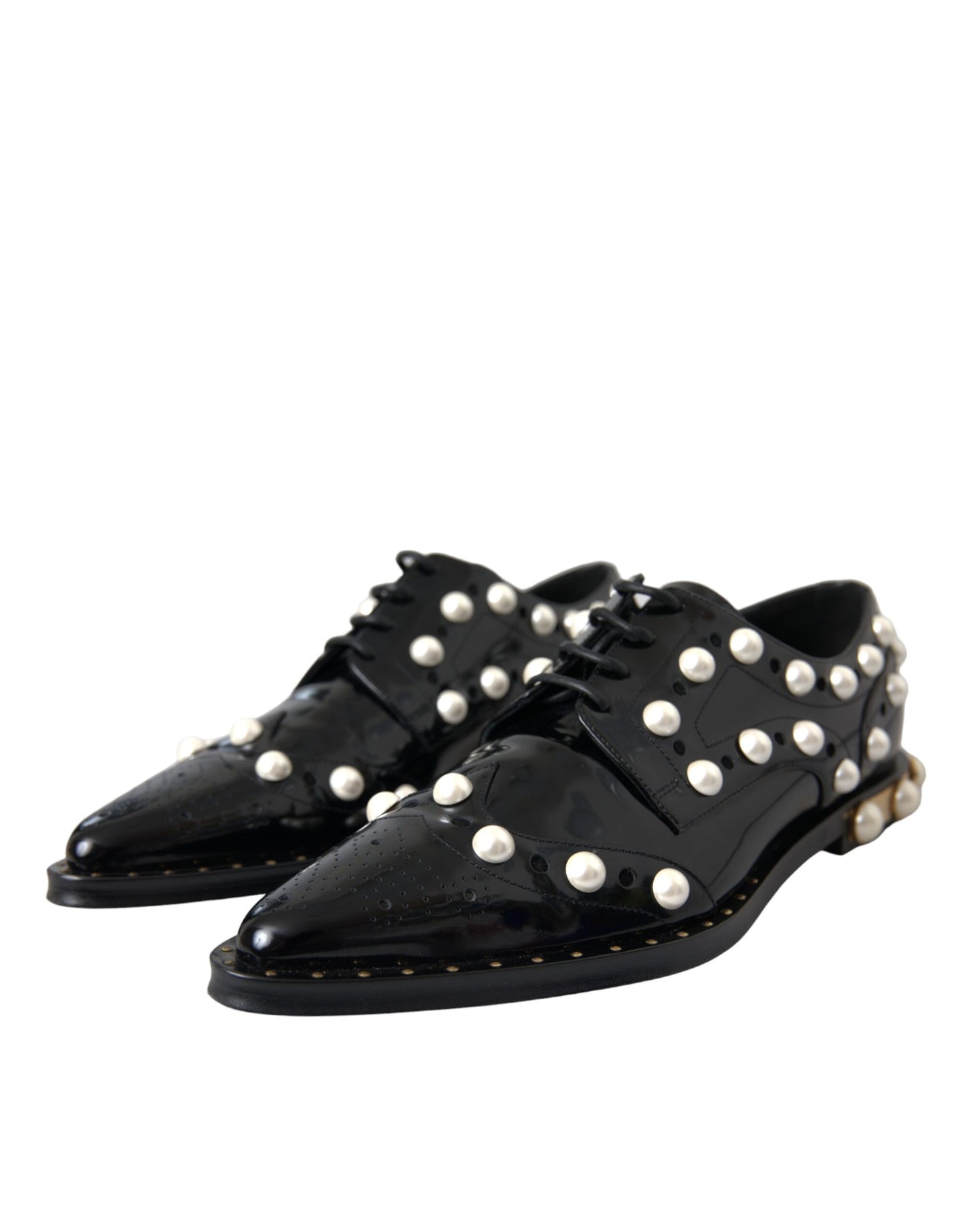 Dolce & Gabbana Schwarzes Leder Faux Pearl Kleid Broque Schuhe