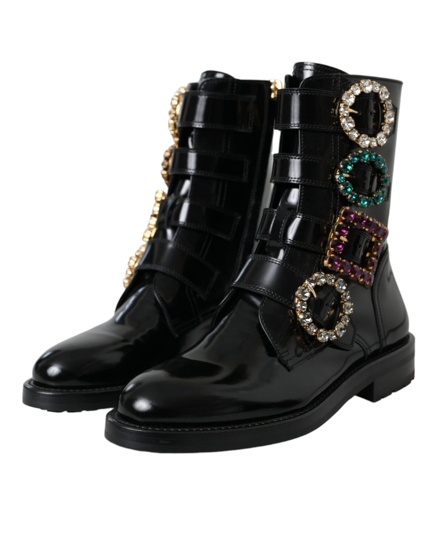 Dolce &amp; Gabbana Black Leather Crystal Buckles Boots Shoes