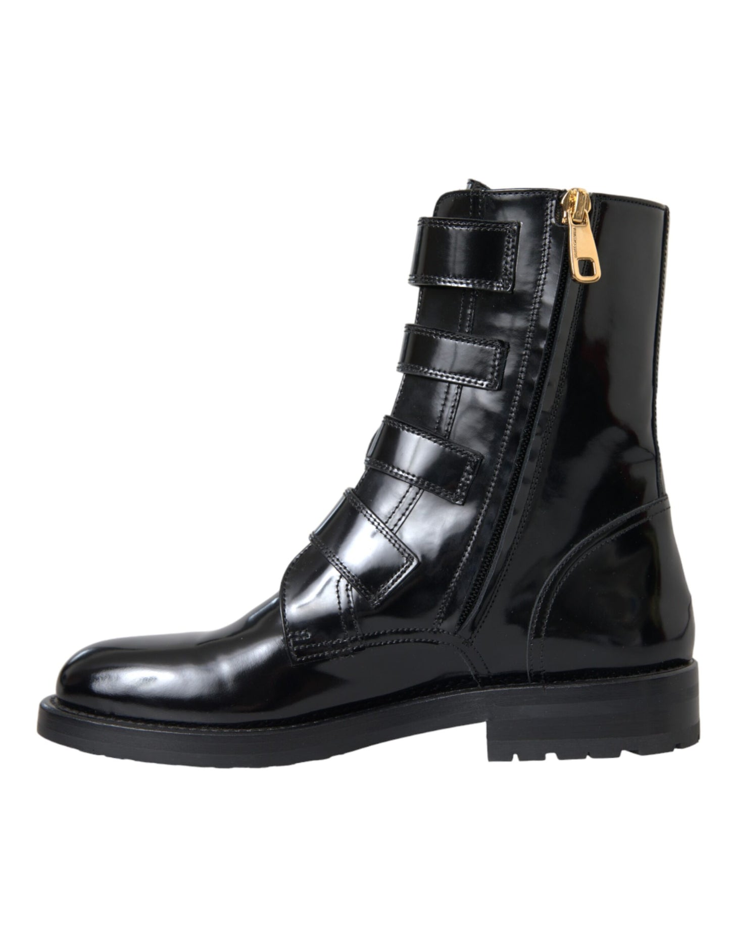 Dolce &amp; Gabbana Black Leather Crystal Buckles Boots Shoes