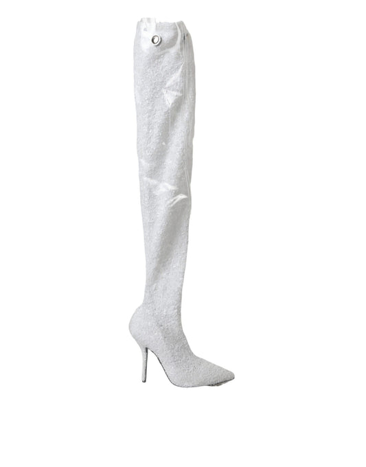 Dolce &amp; Gabbana White Heels Stiletto Knee High Boots -kengät