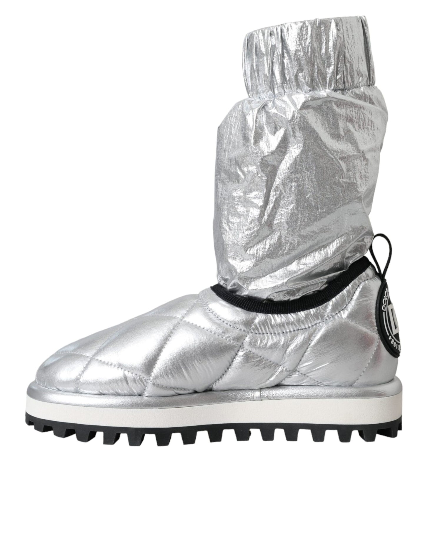 Dolce &amp; Gabbana Metallic Silver Quilted Logo Patch Boots Shoes