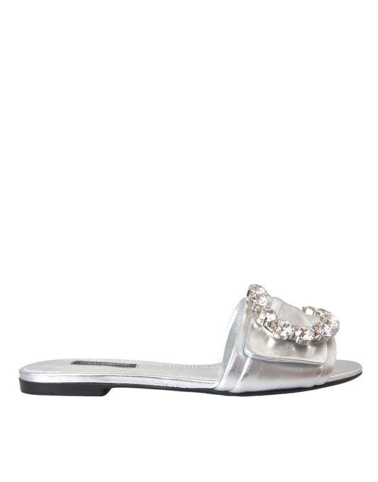 Dolce & Gabbana Silber Kristall Leder Flats Sandalen Schuhe