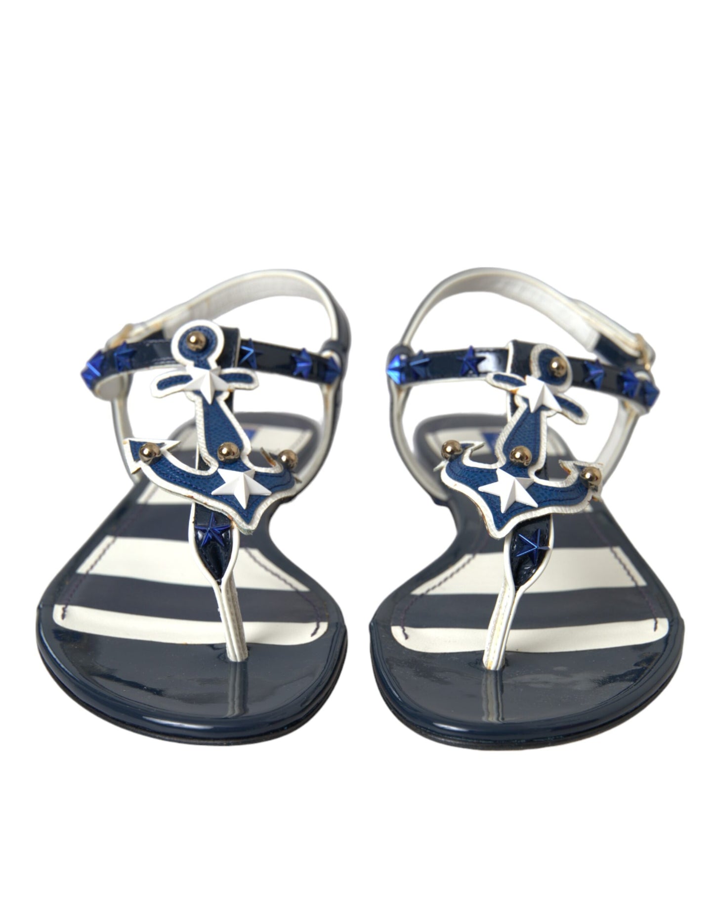 Dolce &amp; Gabbana Blue Stripe Leather Studded Flats Sandals Shoes