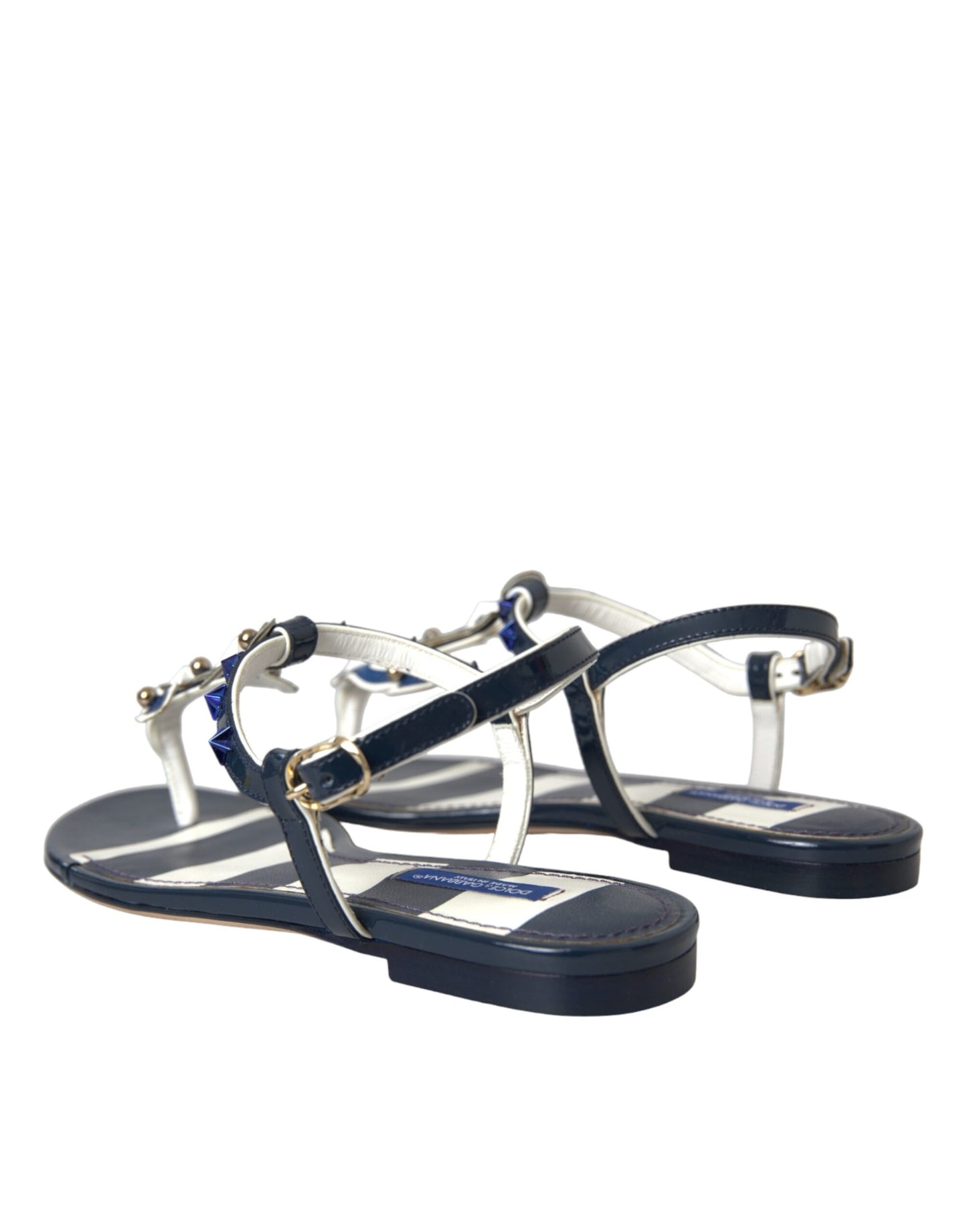 Dolce &amp; Gabbana Blue Stripe Leather Studded Flats Sandals Shoes