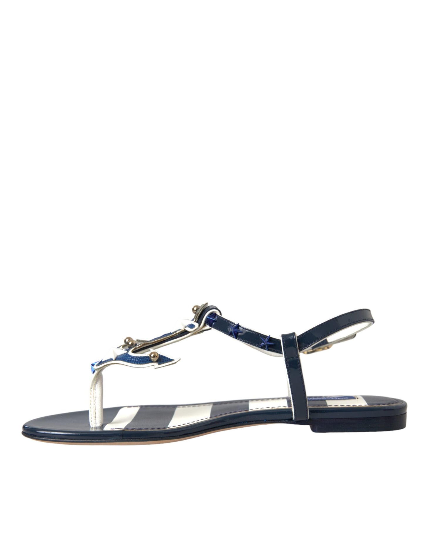 Dolce &amp; Gabbana Blue Stripe Leather Studded Flats Sandals Shoes