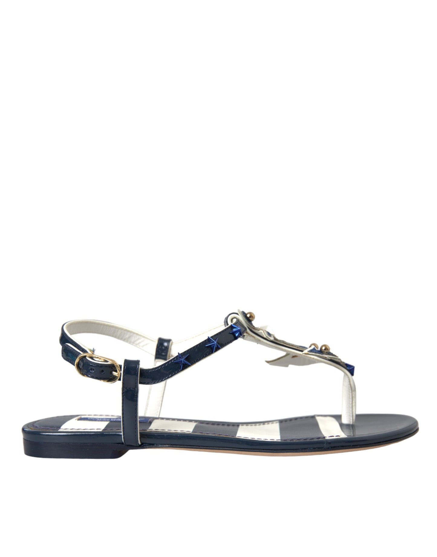 Dolce &amp; Gabbana Blue Stripe Leather Studded Flats Sandals Shoes