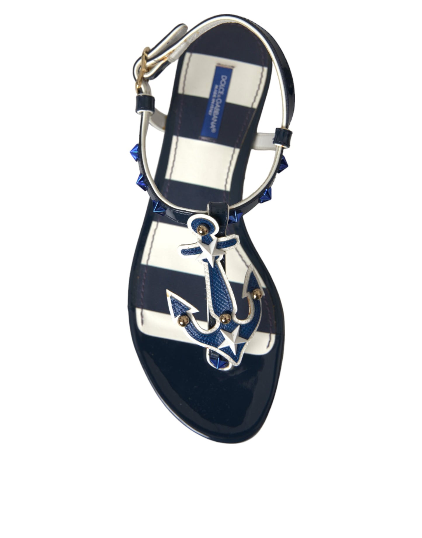 Dolce &amp; Gabbana Blue Stripe Leather Studded Flats Sandals Shoes