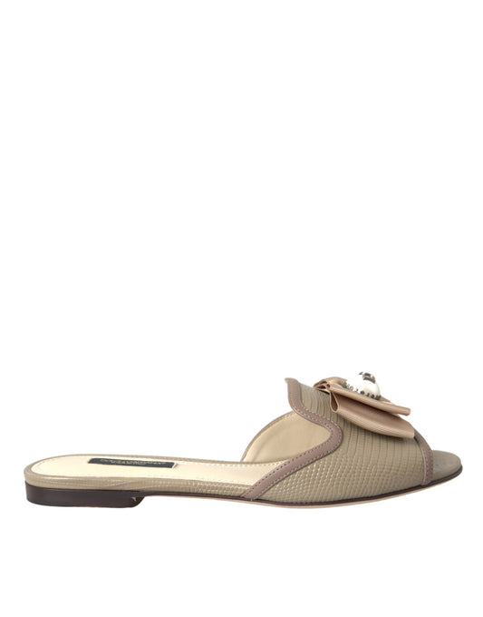 Dolce & Gabbana Beige Logo Perle Flats Sandalen Rutschen Schuhe