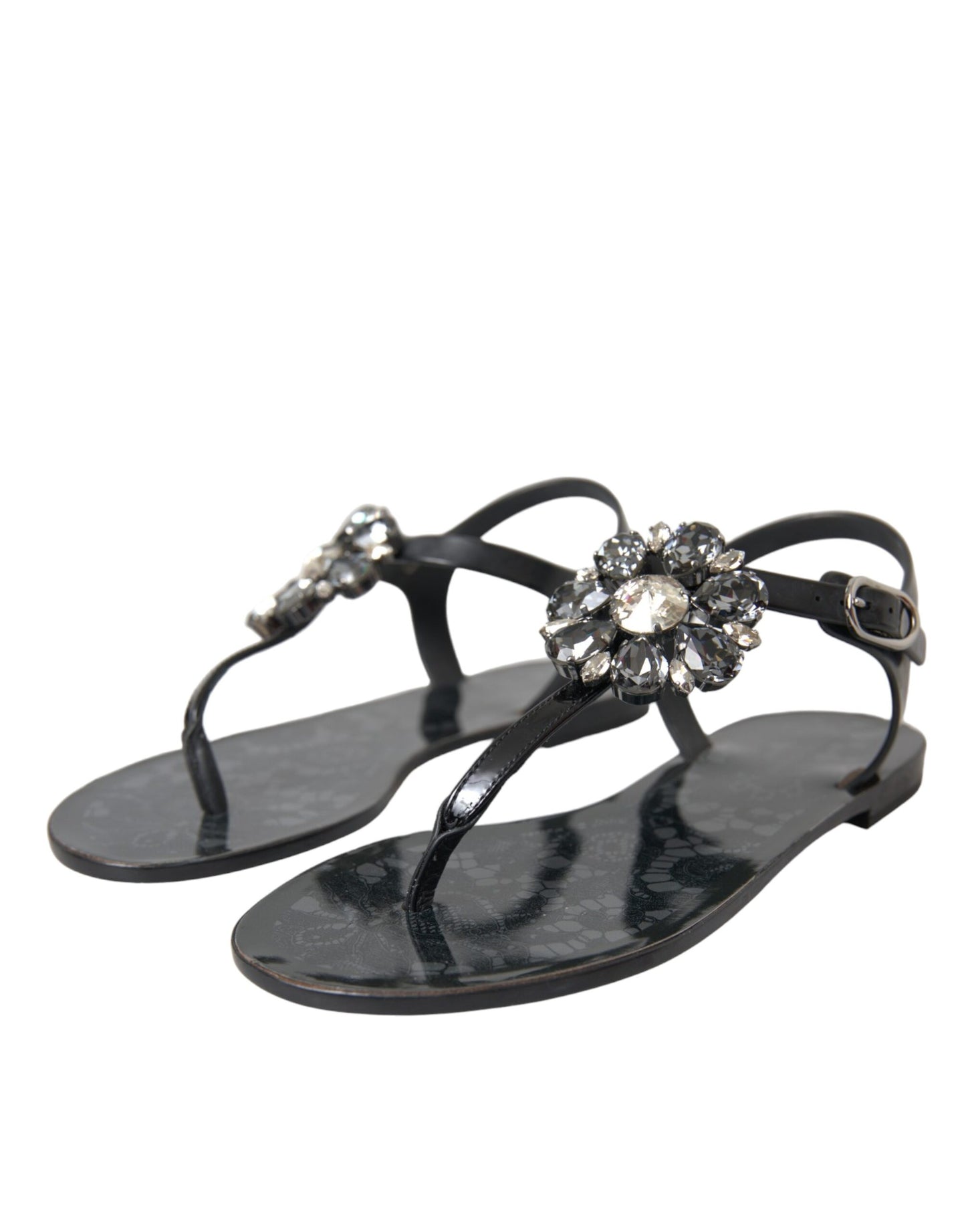 Dolce &amp; Gabbana Black Crystal Flats Sandals Flip Flops Shoes