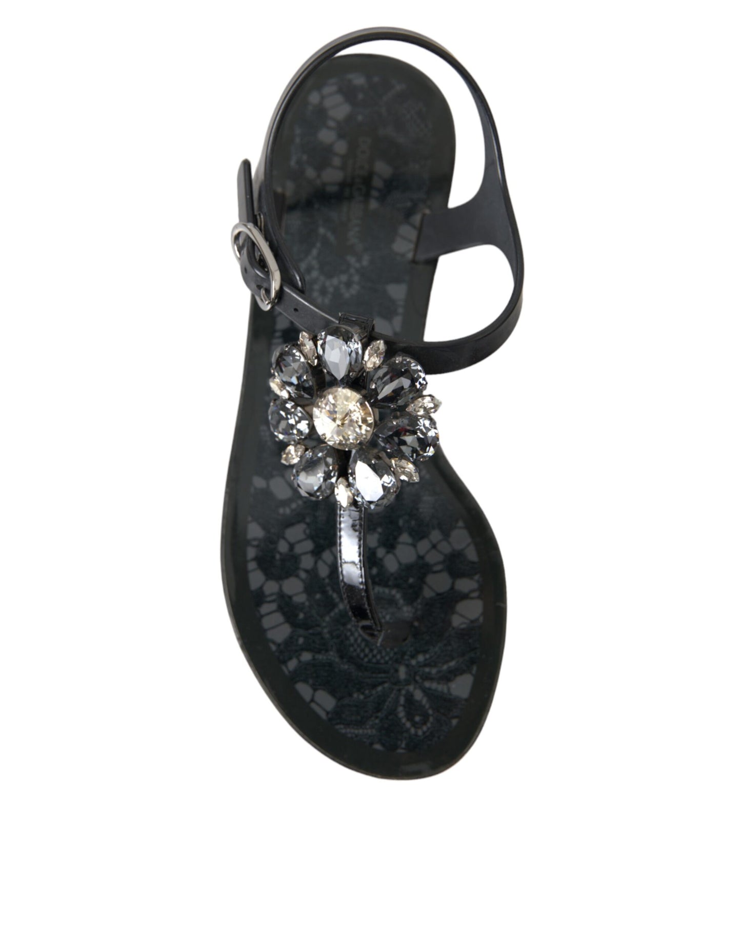 Dolce &amp; Gabbana Black Crystal Flats Sandals Flip Flops Shoes