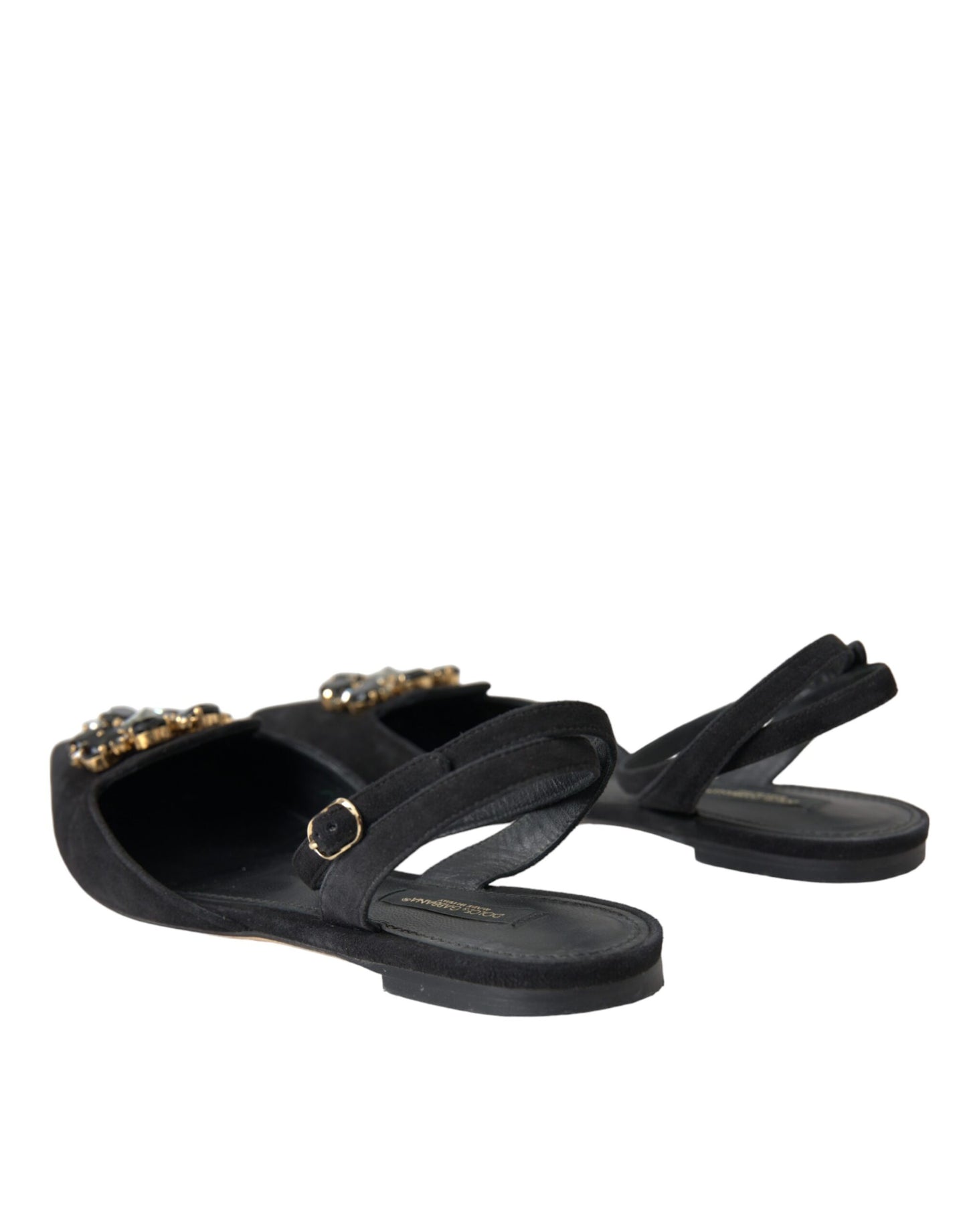 Dolce & Gabbana Schwarzes Leder Kristall Slingback Sandalen Schuhe