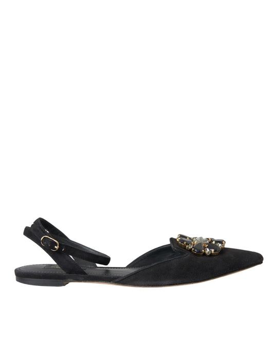 Dolce &amp; Gabbana Black Leather Crystal Slingback Sandals -kengät