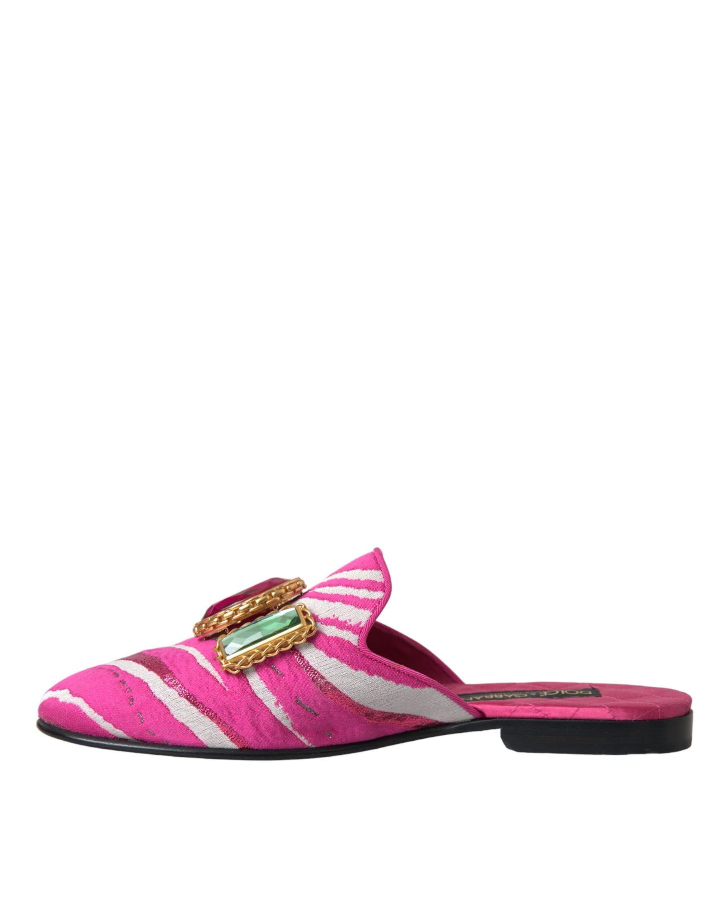 Dolce &amp; Gabbana Pink Jacquard Crystal Mules Flat Sandals Shoes