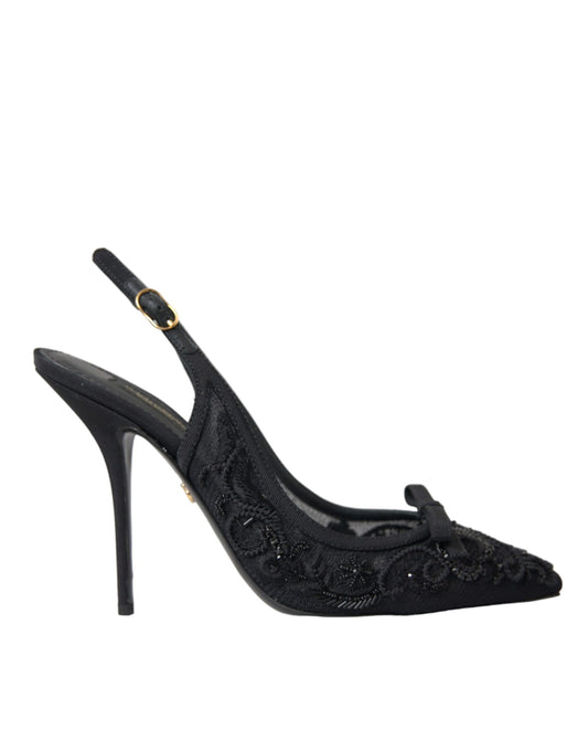 Dolce &amp; Gabbana Black Tyll Ricamo Heels Slingbacks -kengät