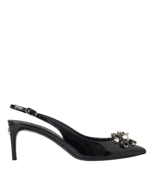 Dolce & Gabbana Schwarzes Lackleder Kristall Slingback Schuhe