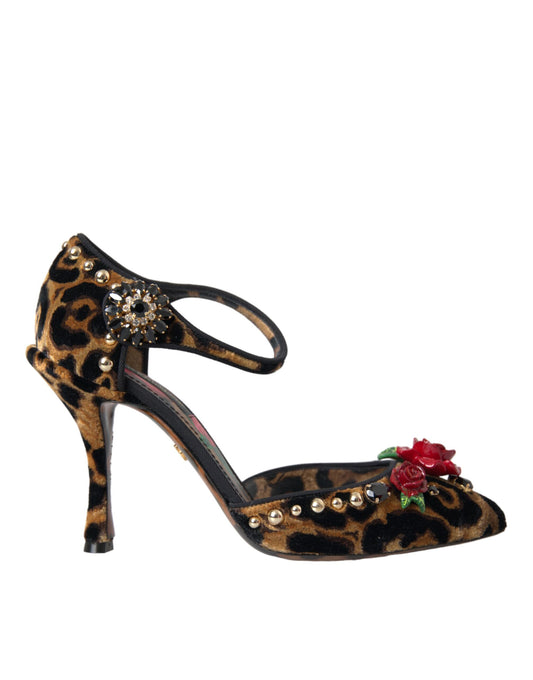 Dolce &amp; Gabbana Brown Leopard Floral Crystal Mary Janes Pumps -kengät