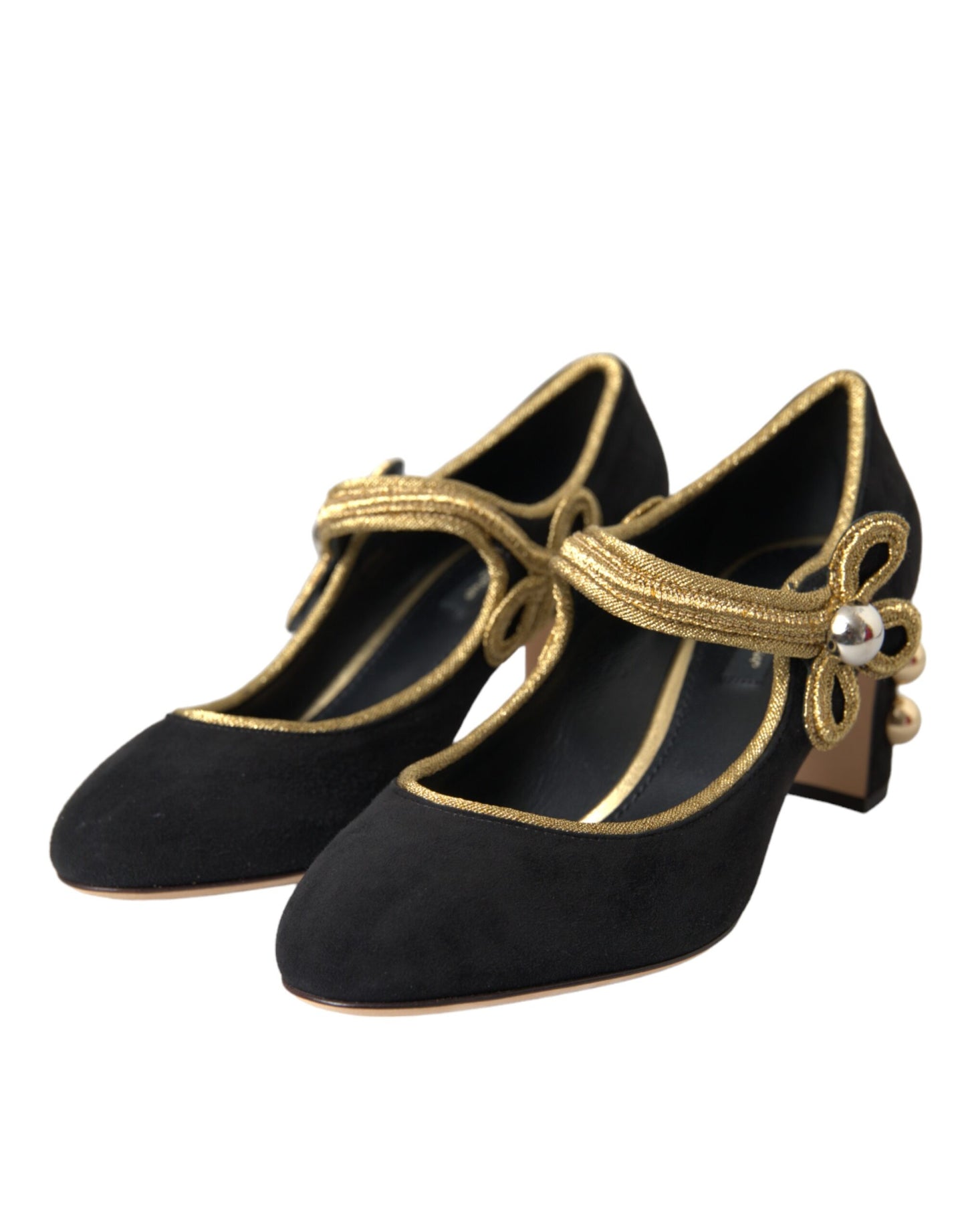 Dolce &amp; Gabbana Black Suede Gold Mary Janes Heels Pumps -kengät