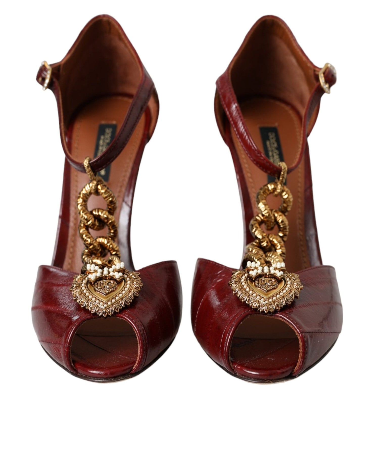 Dolce &amp; Gabbana Dark Red Leather Gold Devotion Heart Sandals Shoes