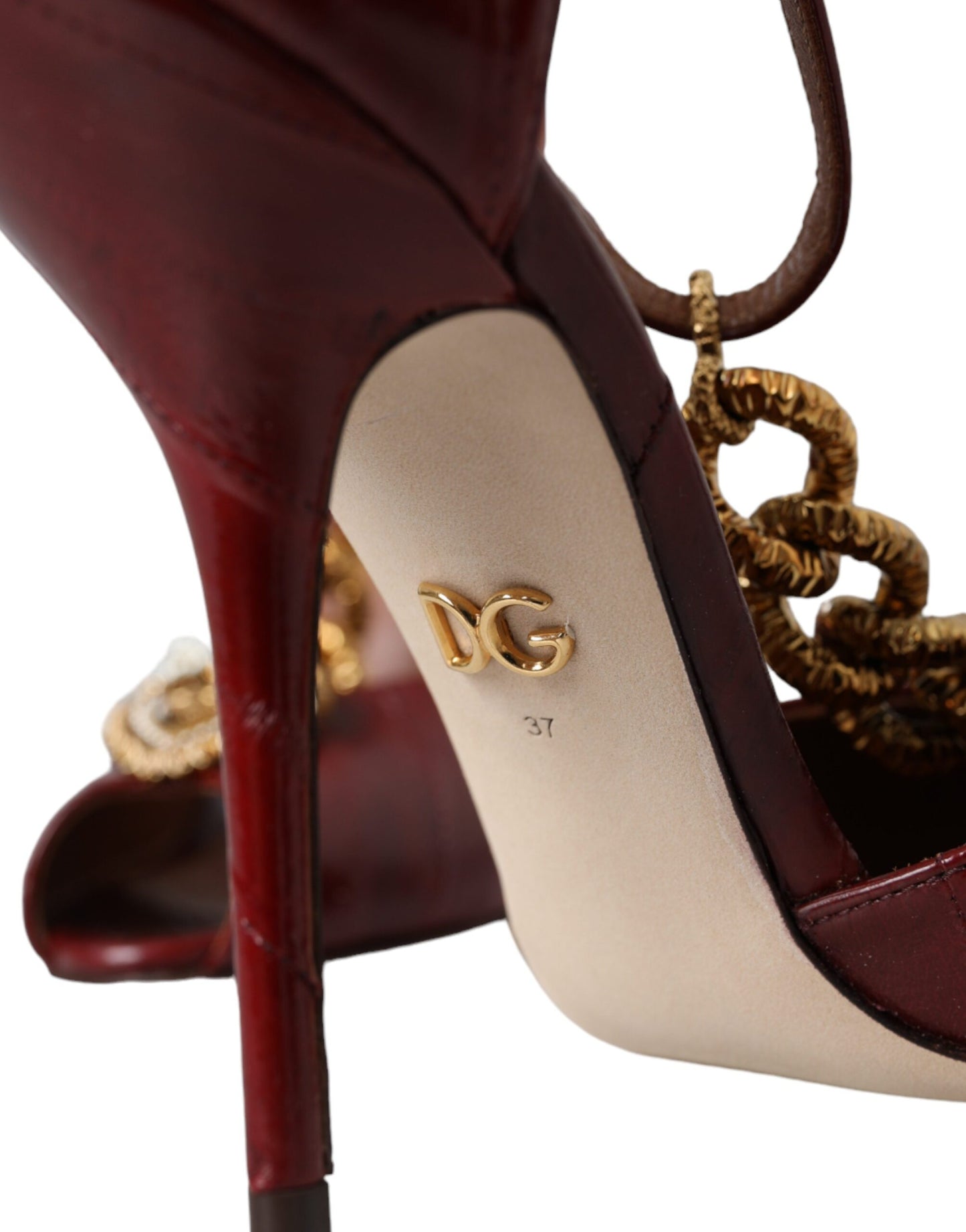 Dolce &amp; Gabbana Dark Red Leather Gold Devotion Heart Sandals Shoes