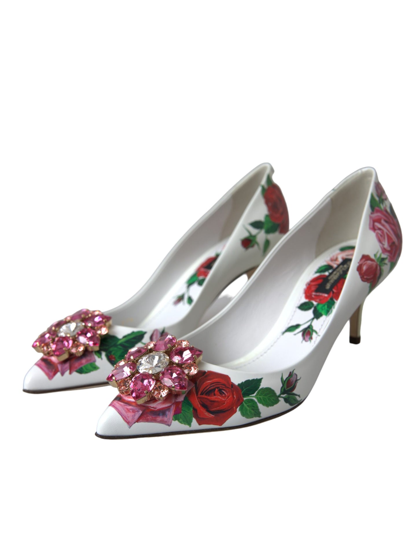 Dolce &amp; Gabbana White Leather Rose Crystal Bellucci Pumps -kengät