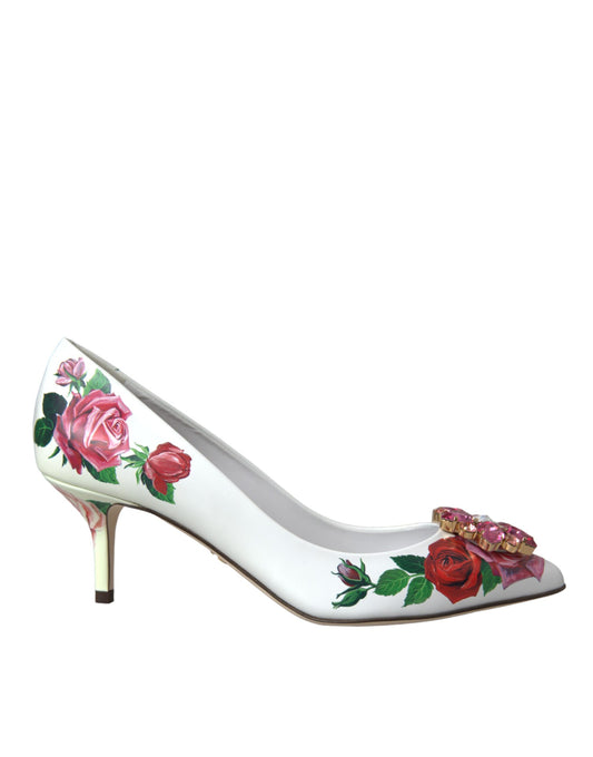 Dolce & Gabbana Weißes Leder Rosen Kristall Bellucci Pumps Schuhe