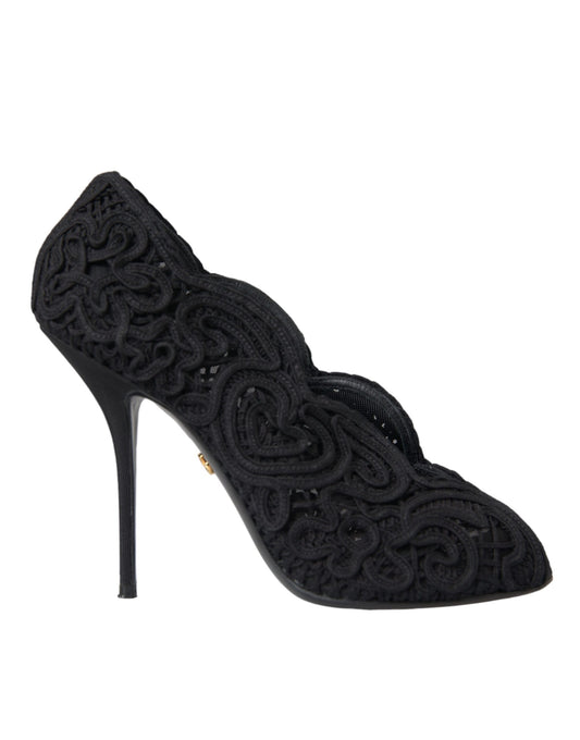 Dolce &amp; Gabbana Black Cordonetto Ricamo Pumps Open Toe Shoes