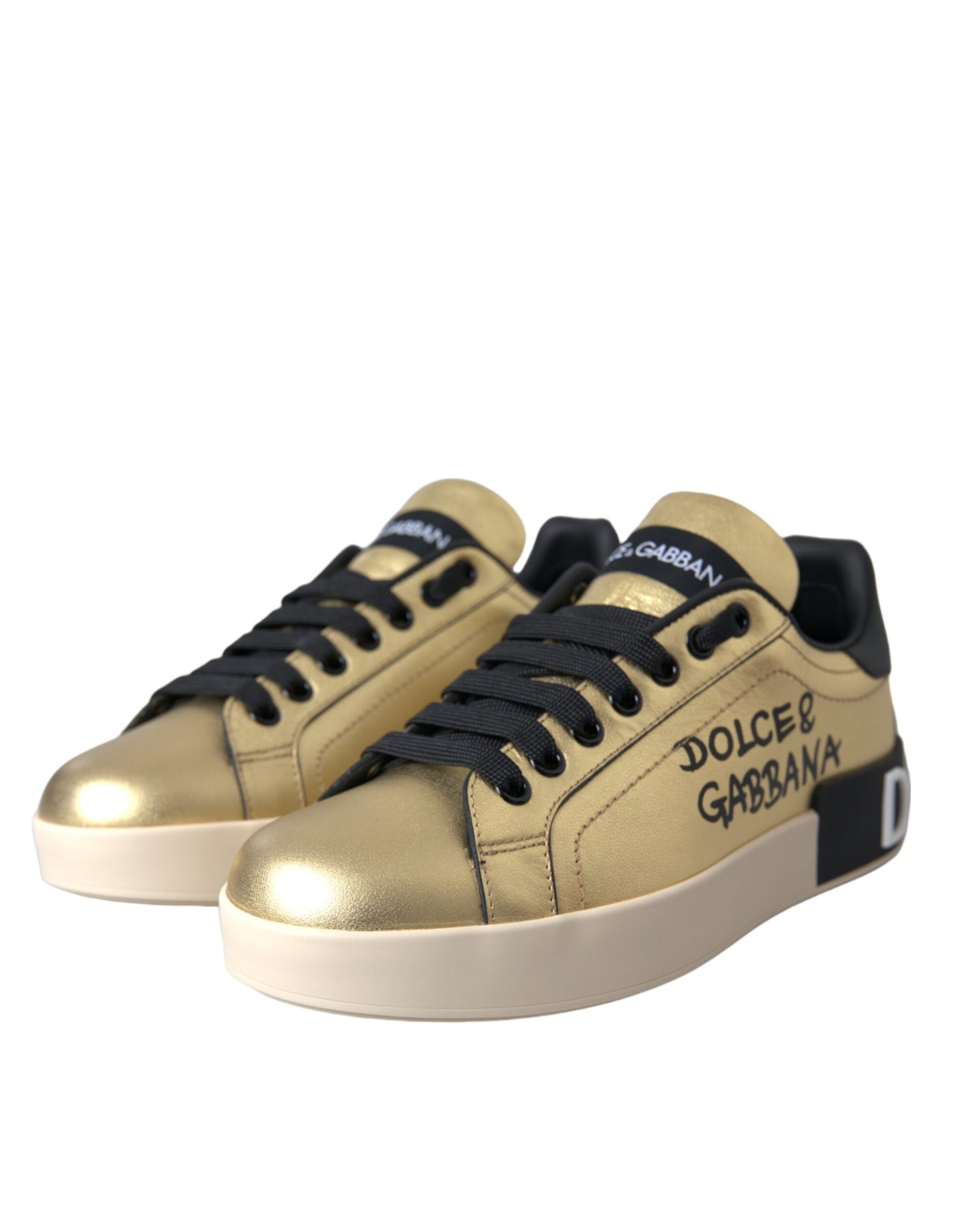 Dolce &amp; Gabbana Gold Portofino Calfskin Sneakers Women Shoes