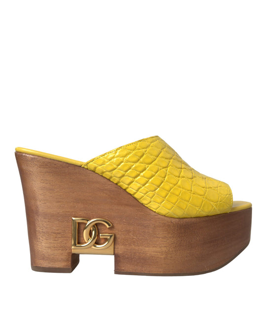 Dolce &amp; Gabbana Yellow Leather Wooden Slipper Wedge Slides Shoes