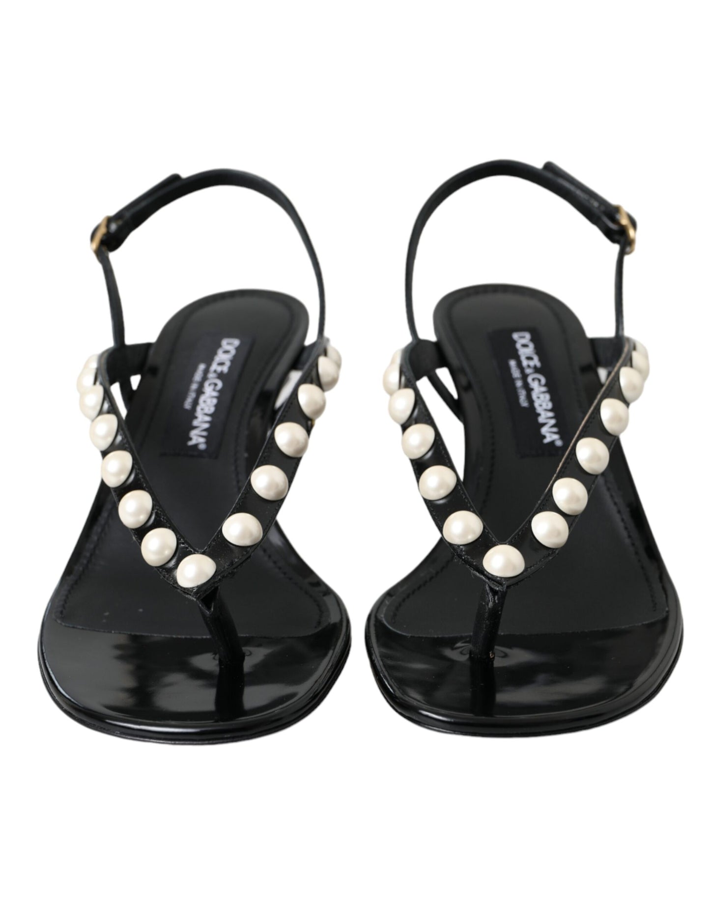 Dolce &amp; Gabbana Black Leather Faux Pearl Heel Sandals -kengät