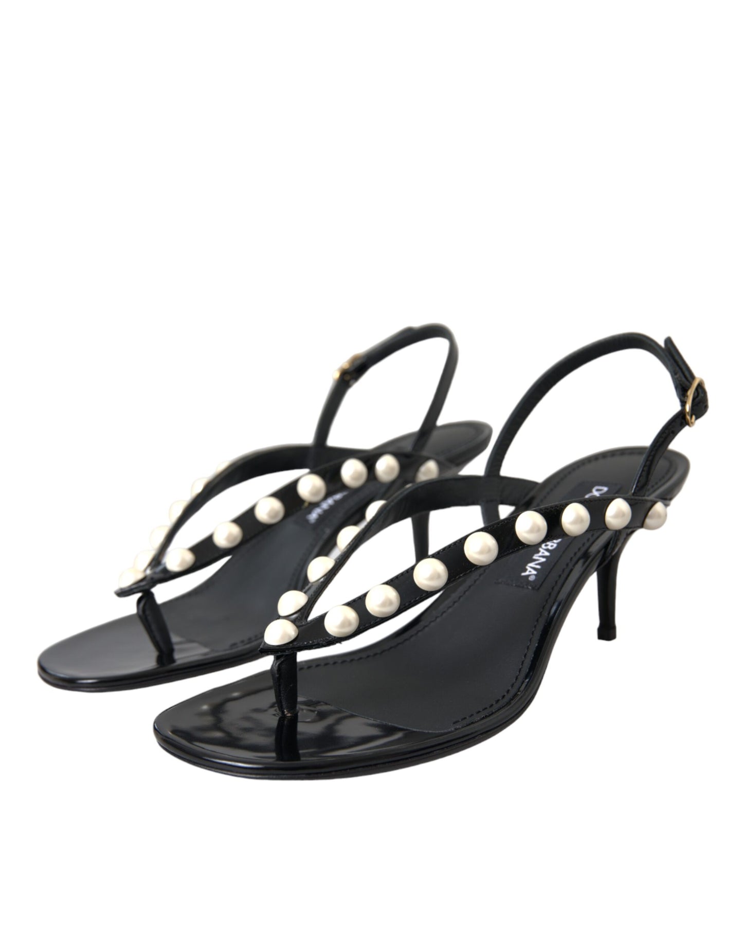 Dolce &amp; Gabbana Black Leather Faux Pearl Heel Sandals -kengät