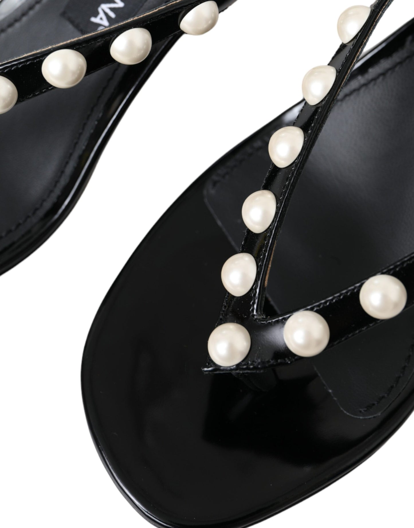 Dolce &amp; Gabbana Black Leather Faux Pearl Heel Sandals -kengät