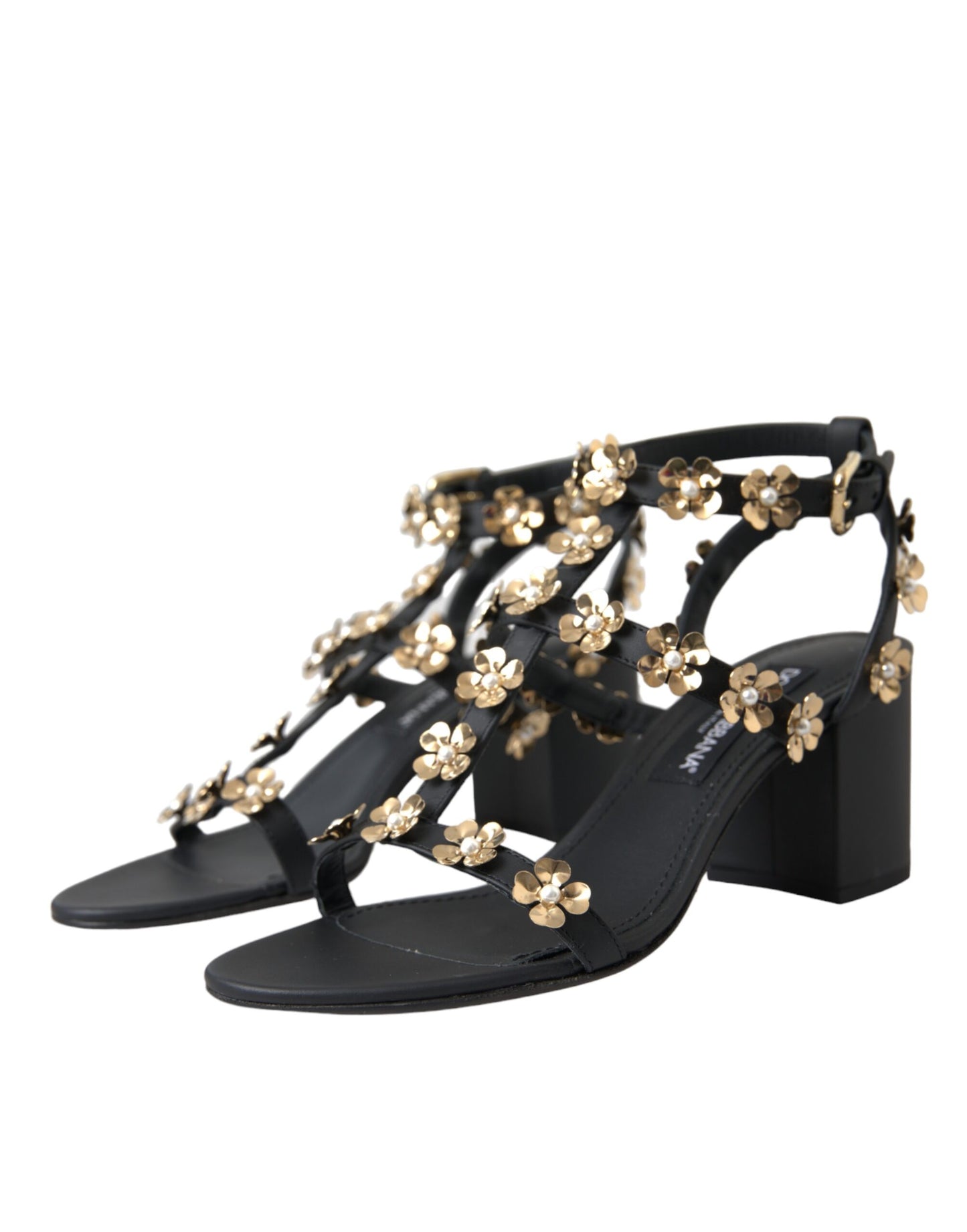 Dolce &amp; Gabbana Black Leather Embellished Heel Sandal Shoes