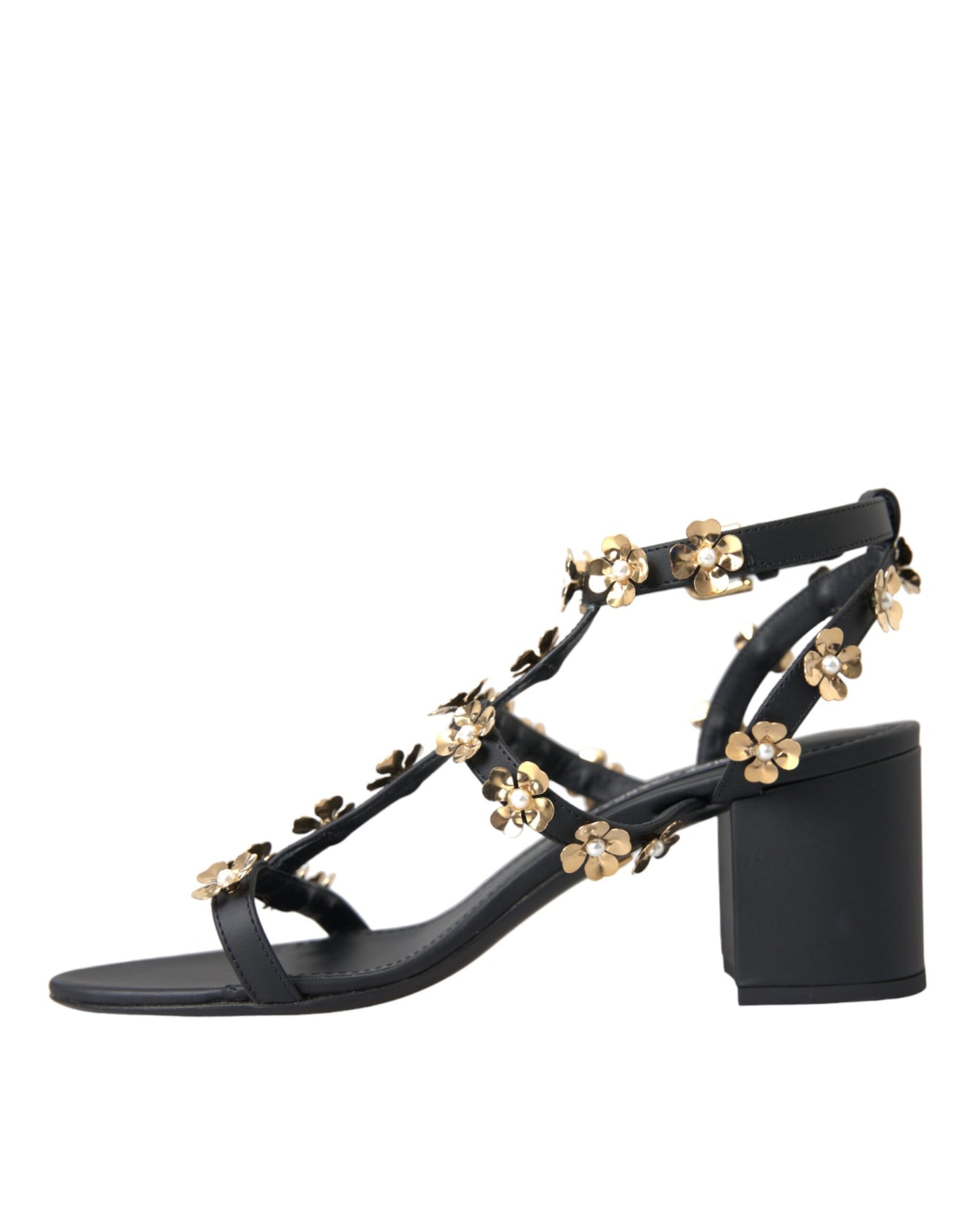 Dolce &amp; Gabbana Black Leather Embellished Heel Sandal Shoes