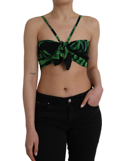 Dolce &amp; Gabbana Black and Green Leaf Silk Halter Top