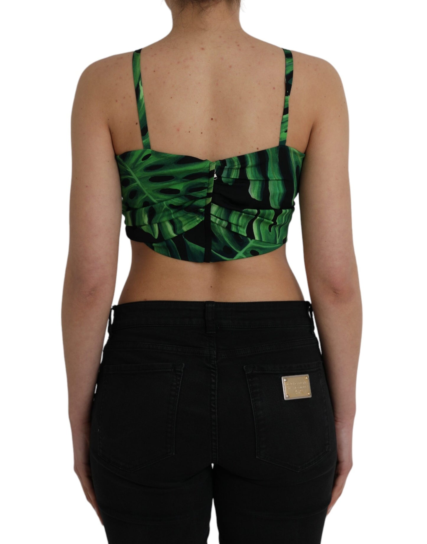 Dolce &amp; Gabbana Black and Green Leaf Silk Halter Top