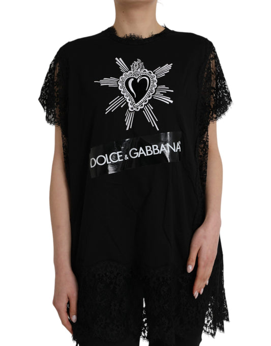 Dolce & Gabbana Schwarzes T-Shirt aus Baumwollspitze mit Sacred Heart Print