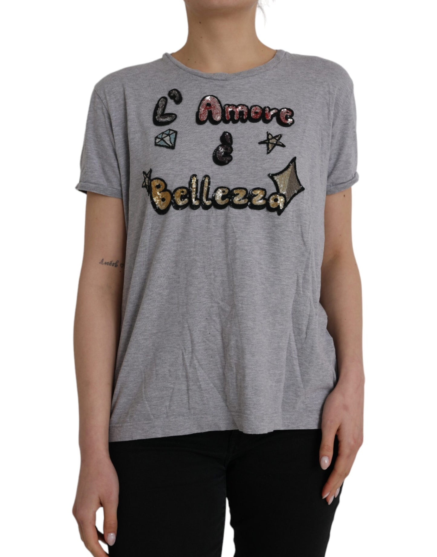 Dolce &amp; Gabbana Gray Cotton T-Shirt L'Amore E'Bellezza Top