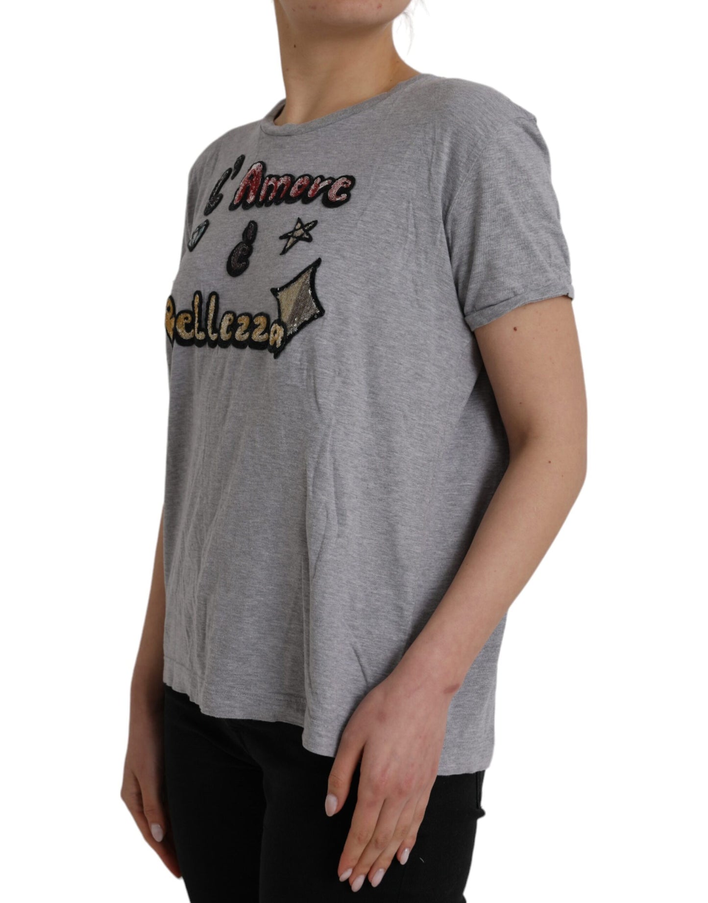 Dolce &amp; Gabbana Gray Cotton T-Shirt L'Amore E'Bellezza Top