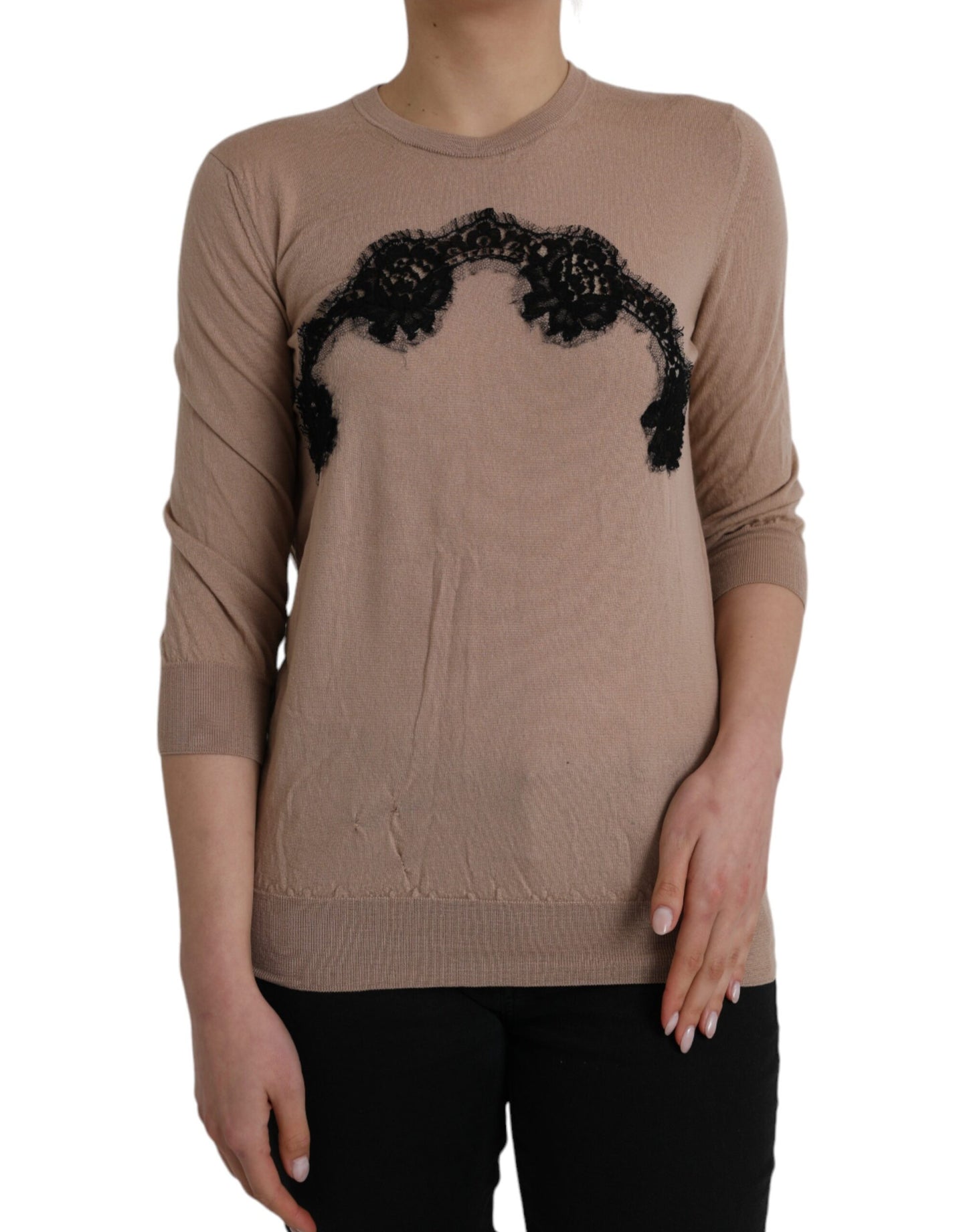 Dolce &amp; Gabbana Brown Wool Black Lace 3/4 Sleeve Blouse Top