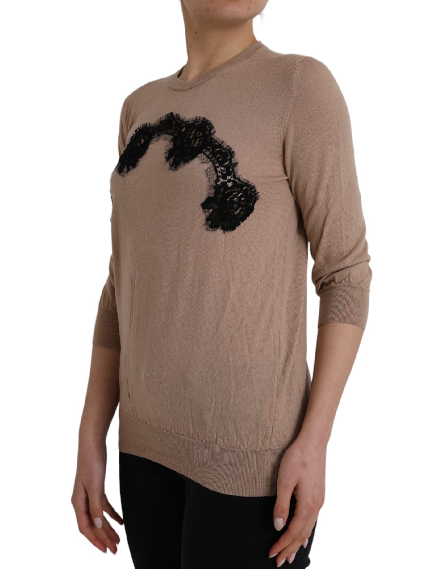 Dolce &amp; Gabbana Brown Wool Black Lace 3/4 Sleeve Blouse Top