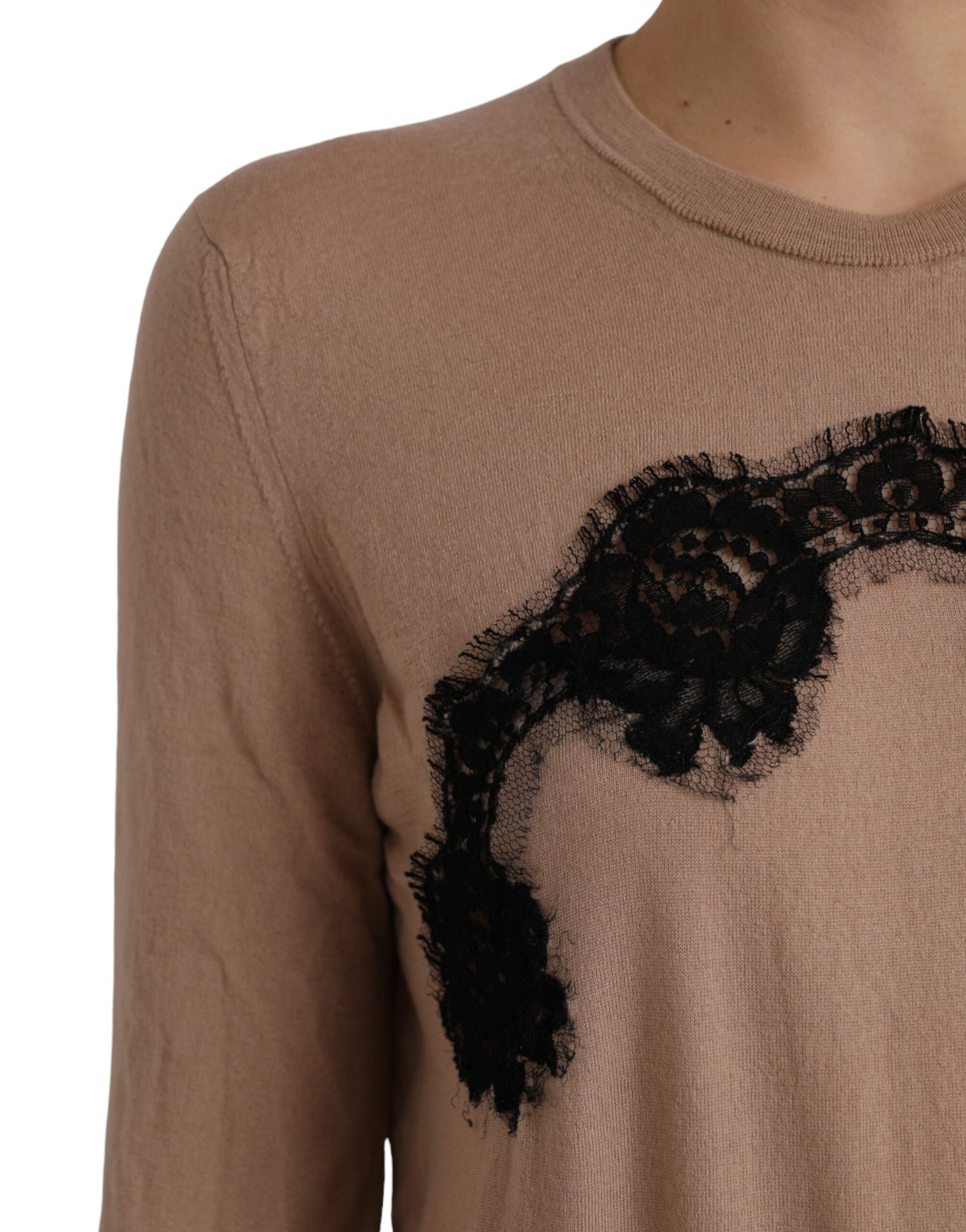 Dolce &amp; Gabbana Brown Wool Black Lace 3/4 Sleeve Blouse Top