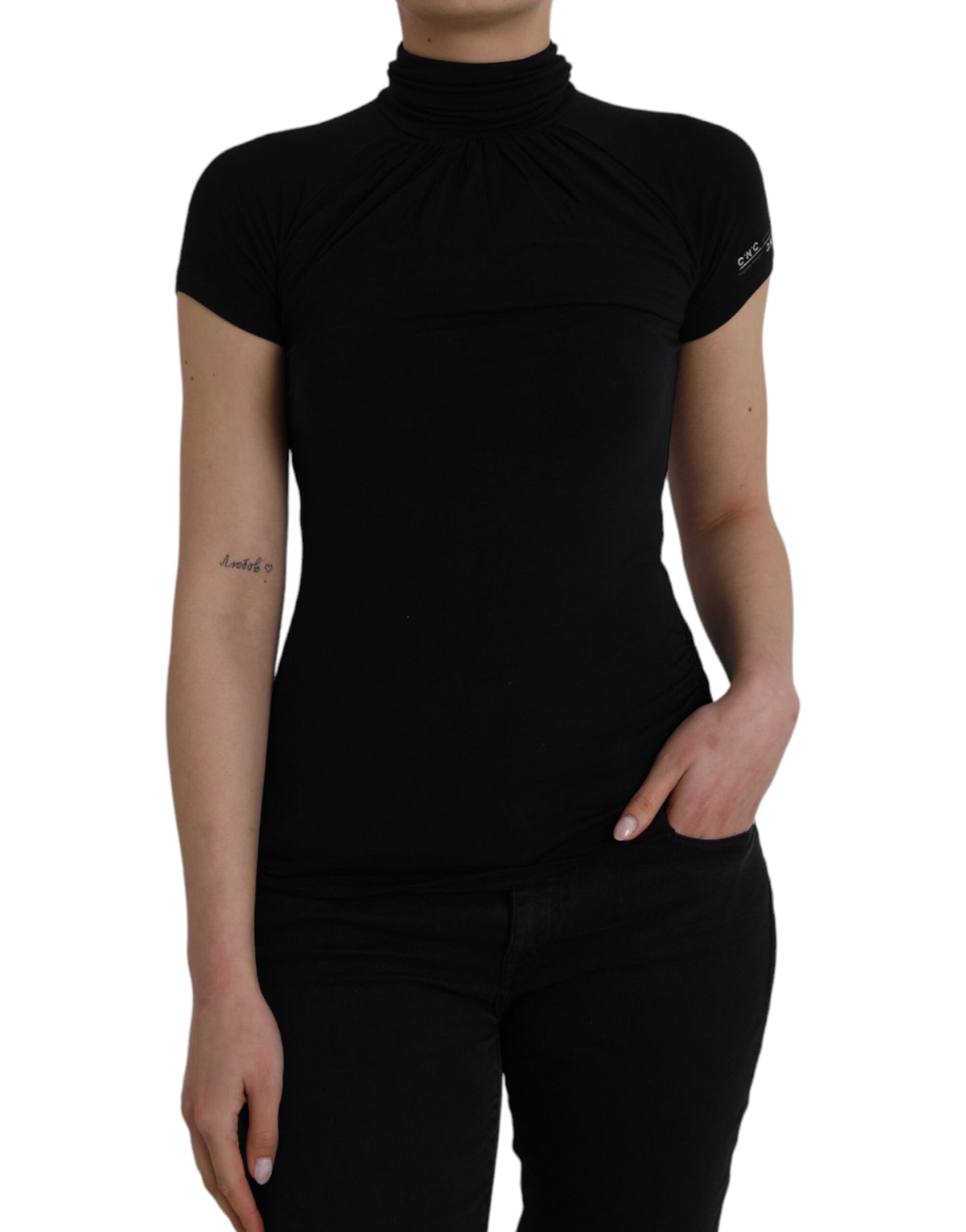 Costume National Black short-sleeved top with turtleneck made of viscose