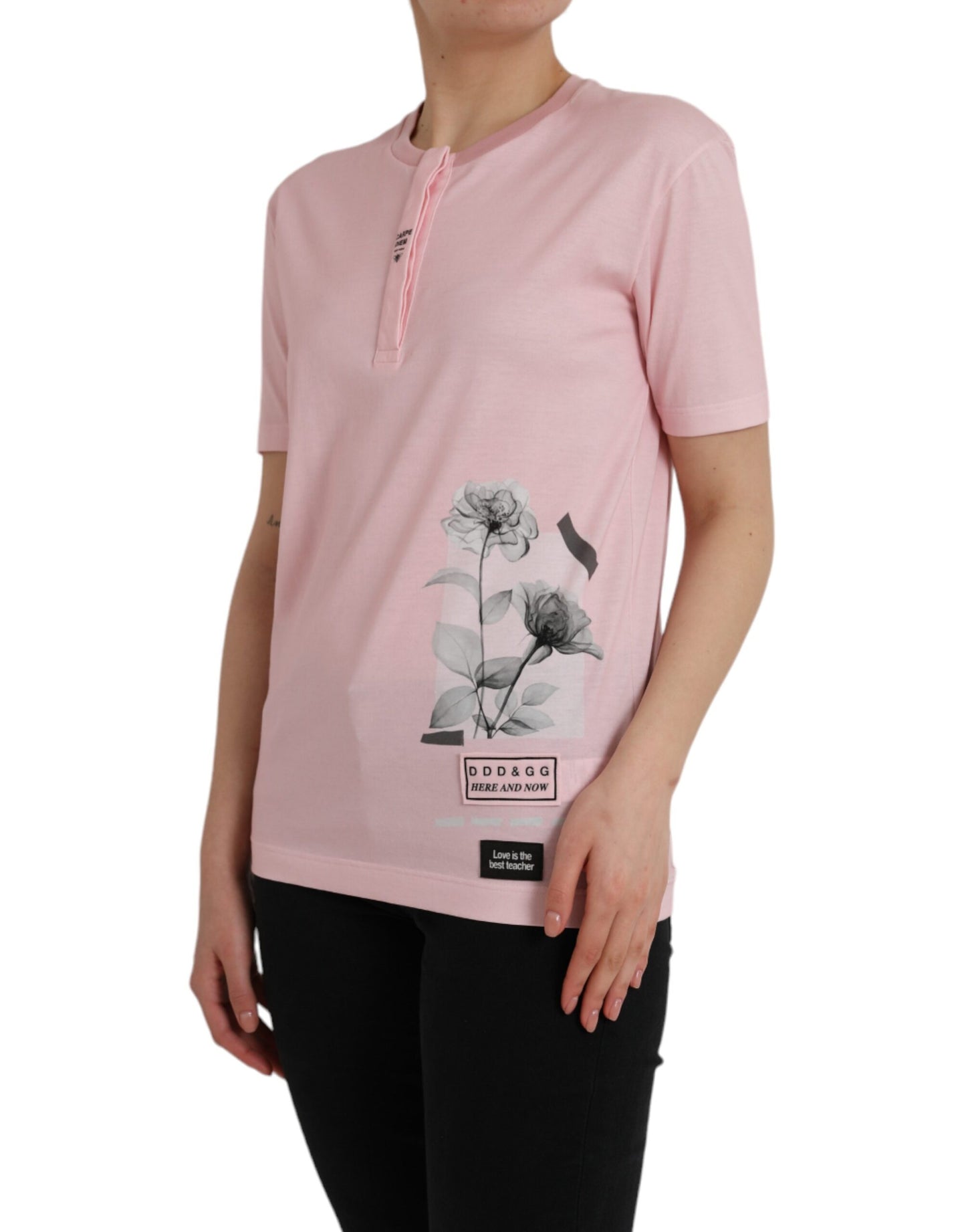 Dolce & Gabbana Rosa T-Shirt mit Blumendruck und kurzen Ärmeln aus Baumwolle