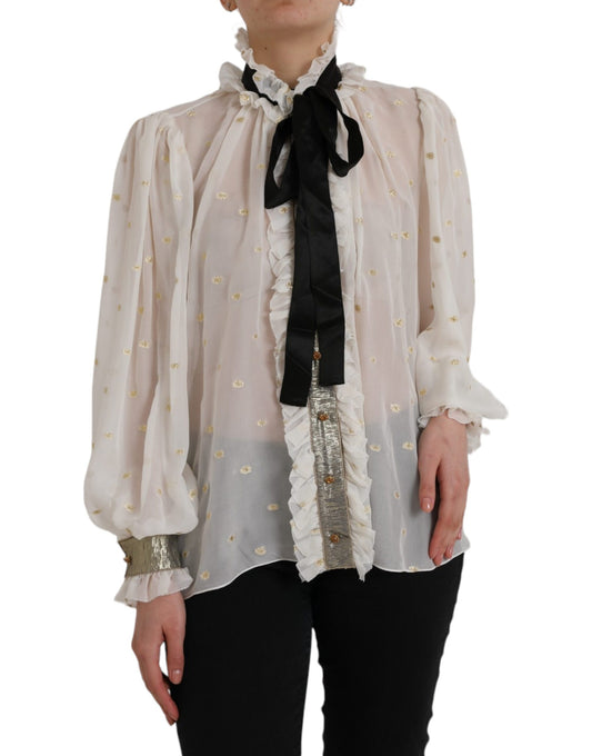 Dolce &amp; Gabbana Off White Silk Blend Ascot kauluspusero